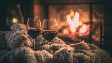 Two wine glasses filled with red wine near a fireplace, cozy and warm