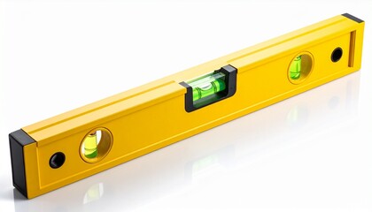 Yellow spirit level with three liquid vials and black end caps, lying horizontally on a white surface