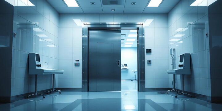 Heavy steel door leading to a sterile operating room,  clinic,  surgery