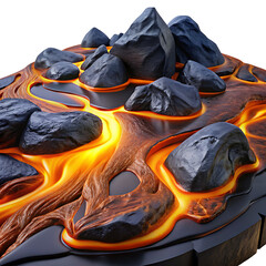 Volcanic Landscape with Lava Flow and Rocks Isolated on Transparent Background
