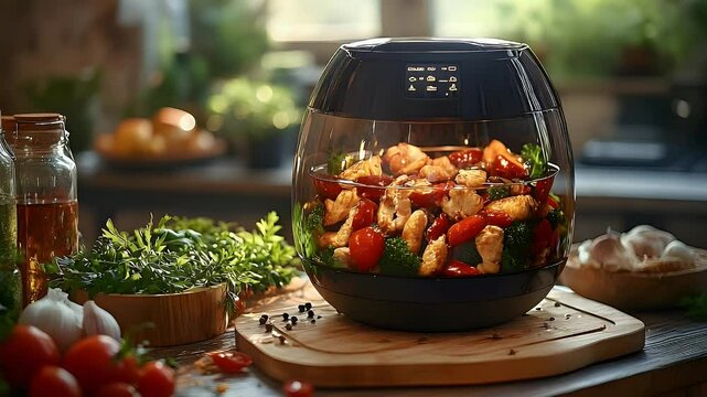 Air fryer cooking vegetables and chicken healthy recipe footage