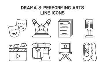 Drama and Performing Arts icon set featuring 8 editable line icons. Perfect for use in theater programs, drama classes, performing arts posters, event promotion, and creative education materials.