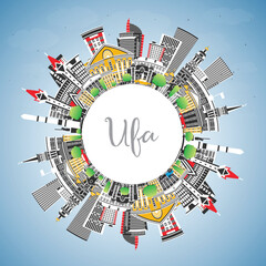 Ufa Russia city skyline with color buildings, blue sky and copy space. Ufa cityscape with landmarks. Business travel and tourism concept with modern and historic architecture.