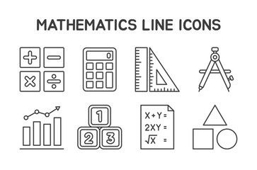 A set of 8 editable line icons featuring essential mathematics tools and symbols. Perfect for use in educational designs, math worksheets, apps, websites, infographics, and digital learning materials.