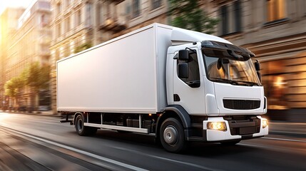 Fototapeta premium White delivery truck speeds through a city street at sunset