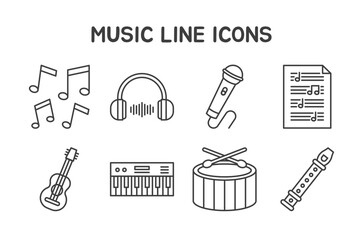 Music Icons Set featuring 8 editable line icons in a clean, minimal style. Ideal for use in music education, concert posters, apps, planners, and creative projects related to sound and performance.
