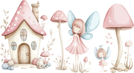 Watercolor Fairy House with Mushrooms and Fairies on a White Background