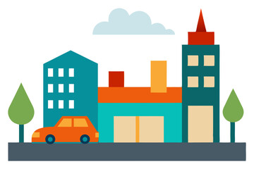 Vibrant Cityscape Urban Buildings, Cars, and Lush Greenery Illustration