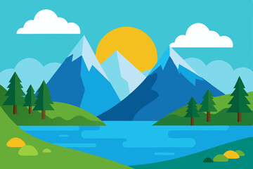 Obraz premium Serene Mountain Lake Landscape Sunrise over Majestic Peaks and Lush Greenery