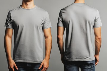 Man wearing a plain gray t-shirt displayed from front and back in a studio environment with neutral background lighting