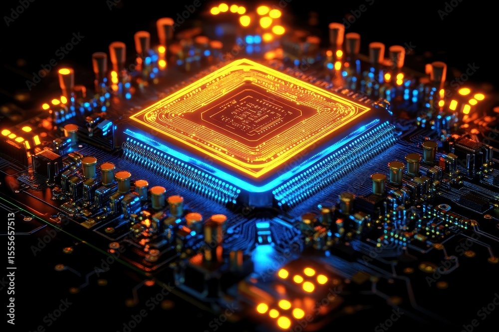 Poster futuristic microchip on advanced circuit board illuminated with vibrant colors and intricate compone
