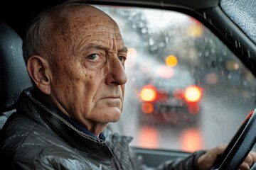 Senior man navigating through rainy streets while driving, intense focus on the challenging weather conditions and blurred surroundings