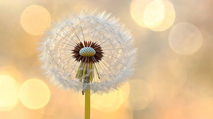 Fototapeta premium High-definition close-up of dandelion fluff against a hazy spring meadow backdrop with vibrant bokeh rings in sunlight