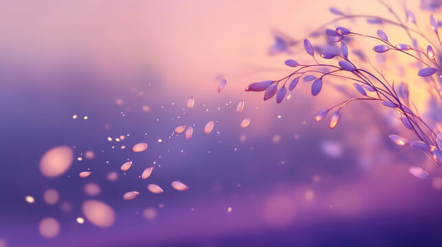 Moody dusk setting with pale seeds drifting into a muted violet sky, rich bokeh in soft lilac and indigo gradients surrounding the scene