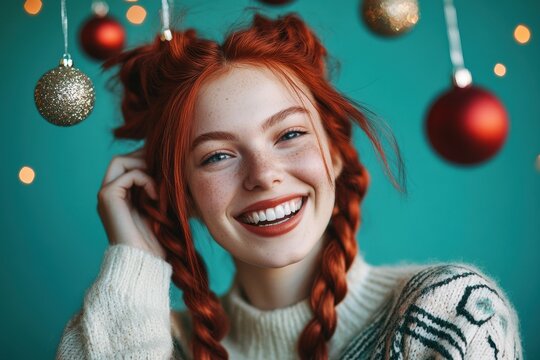 Smiling woman with red hair and braids poses joyfully against a festive backdrop adorned with colorful ornaments and sparkling lights during the holiday season - Powered by Adobe