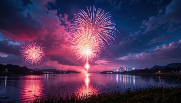 Spectacular fireworks illuminate the night sky over a tranquil lake city skyline