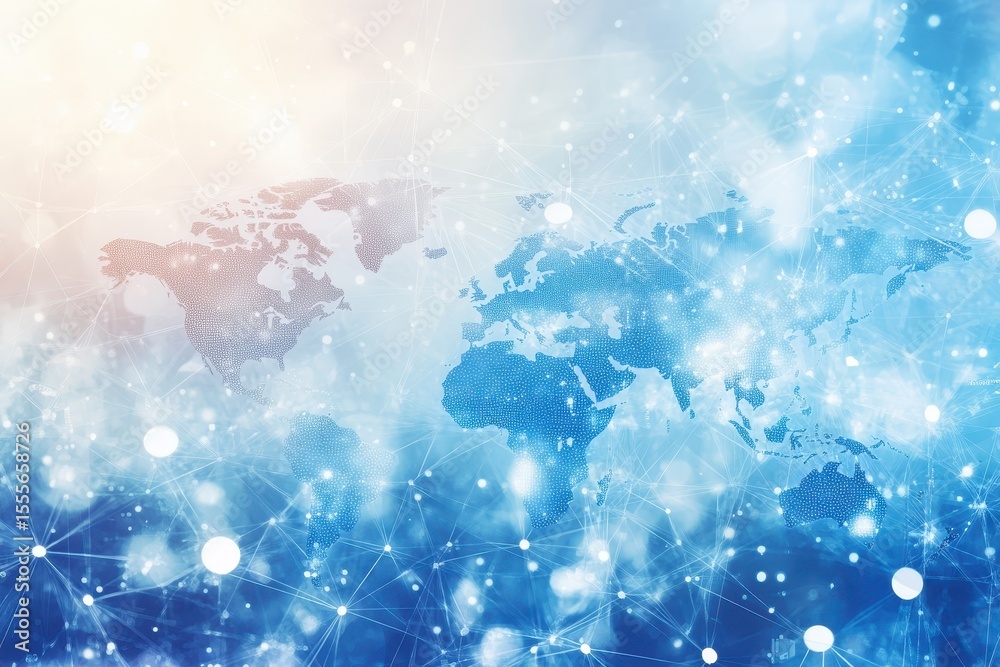 Poster digital world map on light blue background with connected dots representing global communication and