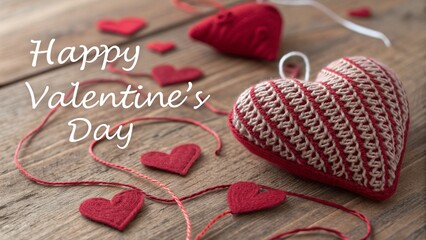 Knitted Red Hearts and Ribbons Warm Valentines Day Scene