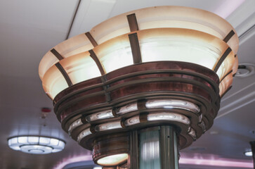 Opulent Art Deco interior architecture inside lobby, atrium or foyer on historic ocean liner style...