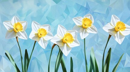 Fototapeta premium Five Daffodils on a Light Blue Background
