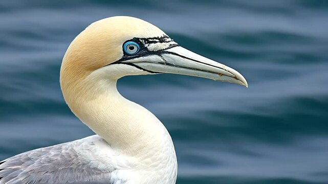Close-up of a gannet bird with striking blue eyes against a serene ocean backdrop