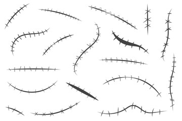 Skin scars and stitch vector illustrations. Simple black medical icons