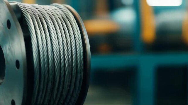 Metal cable methodically winding onto industrial reel, showcasing precision manufacturing process within heavy engineering facility