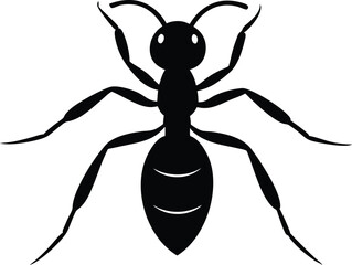 Stylized black silhouette of an ant with six legs and antennae on a white background