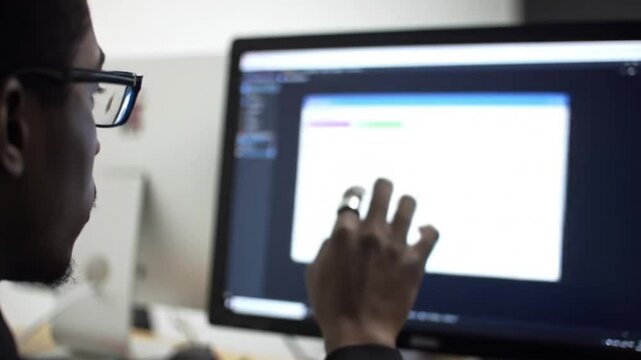 Man designing webpage on computer. Suitable for technology, web design, coding, or freelance work concepts. Creative workspace. Technology industry.