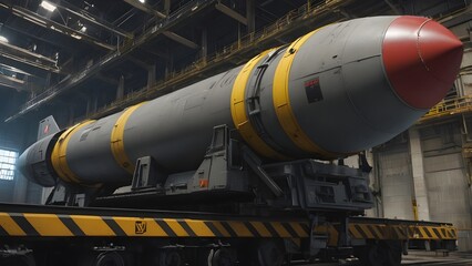 Diagonal Close-Up of Ballistic Missile on Rail Transport Inside Military Facility