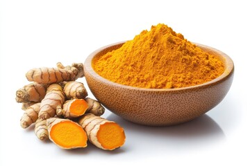 Turmeric powder in a wooden bowl accompanied by freshly cut turmeric roots on a white background showcasing vibrant colors and natural beauty