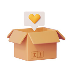 3D heart shaped message floats above an open cardboard box