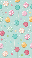 Pastel lollipop and candy pattern on a light blue background