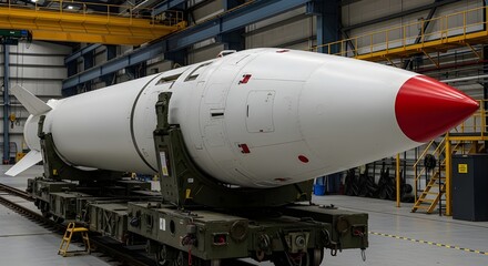 Diagonal Close-Up of Ballistic Missile on Rail Transport Inside Military Facility