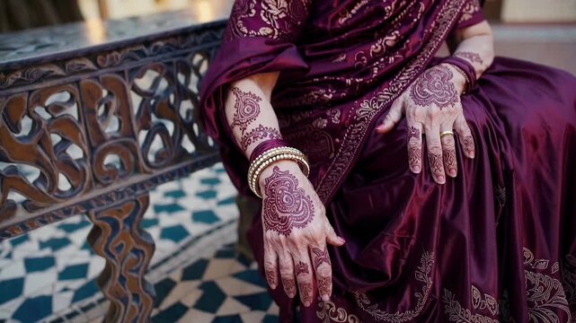 Elderly indian woman proudly displaying intricate mehndi designs, adorned with traditional bracelets, sitting gracefully on ornate bench during cultural celebration