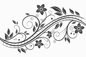 Elegant black floral vine with leaves and flowers on a white background