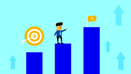 Illustration of a businessman character on the progress bar, pointing his hand towards the flag, business success, goal setting, life journey, entrepreneurship progress concept background.