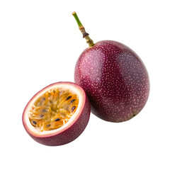 A single ripe passion fruit with a wrinkled purple skin isolated on a transparent background png