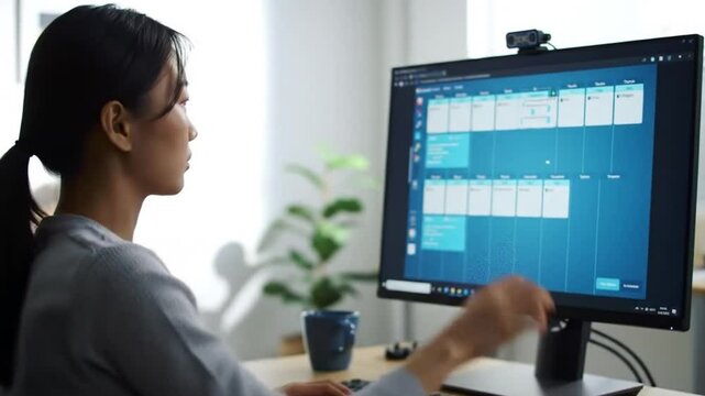 Woman designing webpage on computer. Suitable for technology, web design, coding, or freelance work concepts. Creative workspace. Technology industry.