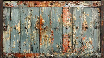 Weathered metal sheet with peeling paint, oxidation, and vintage character.