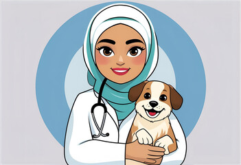 a hijabi moslem woman vet holding a tabby domestic haired cat