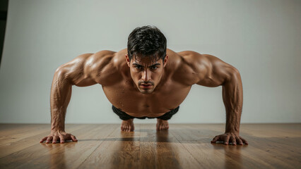 Obraz premium Male Athlete Performing Pushups in Studio – Muscular Fitness Training on White Background