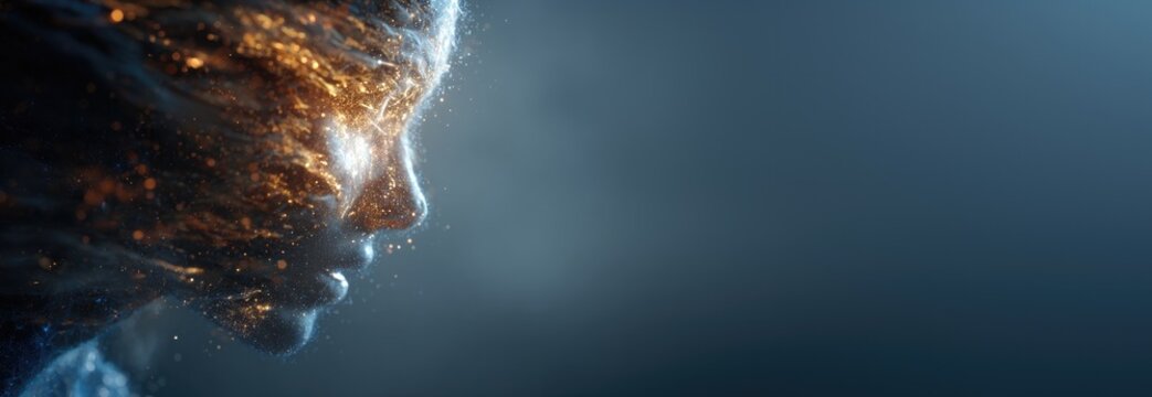 Ethereal face blending with shimmering particles, showcasing bea