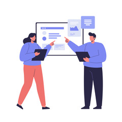 Two colleagues pointing at screen while discussing project details  