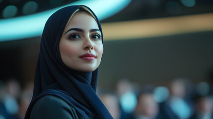 Arab Business Woman on stage at conference holding a presentation of a new product,