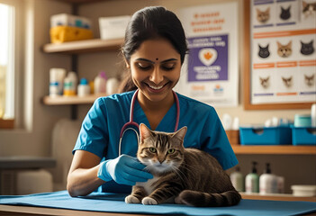 an indian woman vet checking a pet