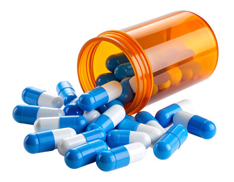Spilled Prescription Bottle with Blue and White Capsules, isolated on transparent background
