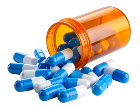 Spilled Prescription Bottle with Blue and White Capsules, isolated on transparent background