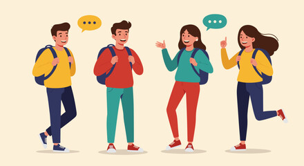 Fototapeta premium Four cheerful teenagers talking and smiling with backpacks indoors 