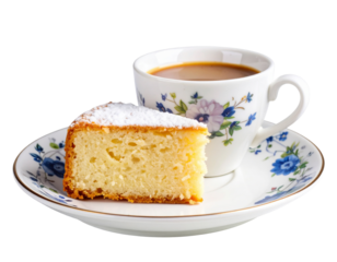 Sponge Cake on Vintage Plate with Espresso Cup and Steam, isolated on transparent background